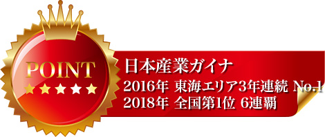 日本産業ガイナ 2016年 東海エリア3年連続 No.1 2018年 全国第1位 6連覇