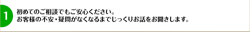 初めてのご相談でもご安心ください。お客様の不安・疑問がなくなるまでじっくりお話をお聞きします。